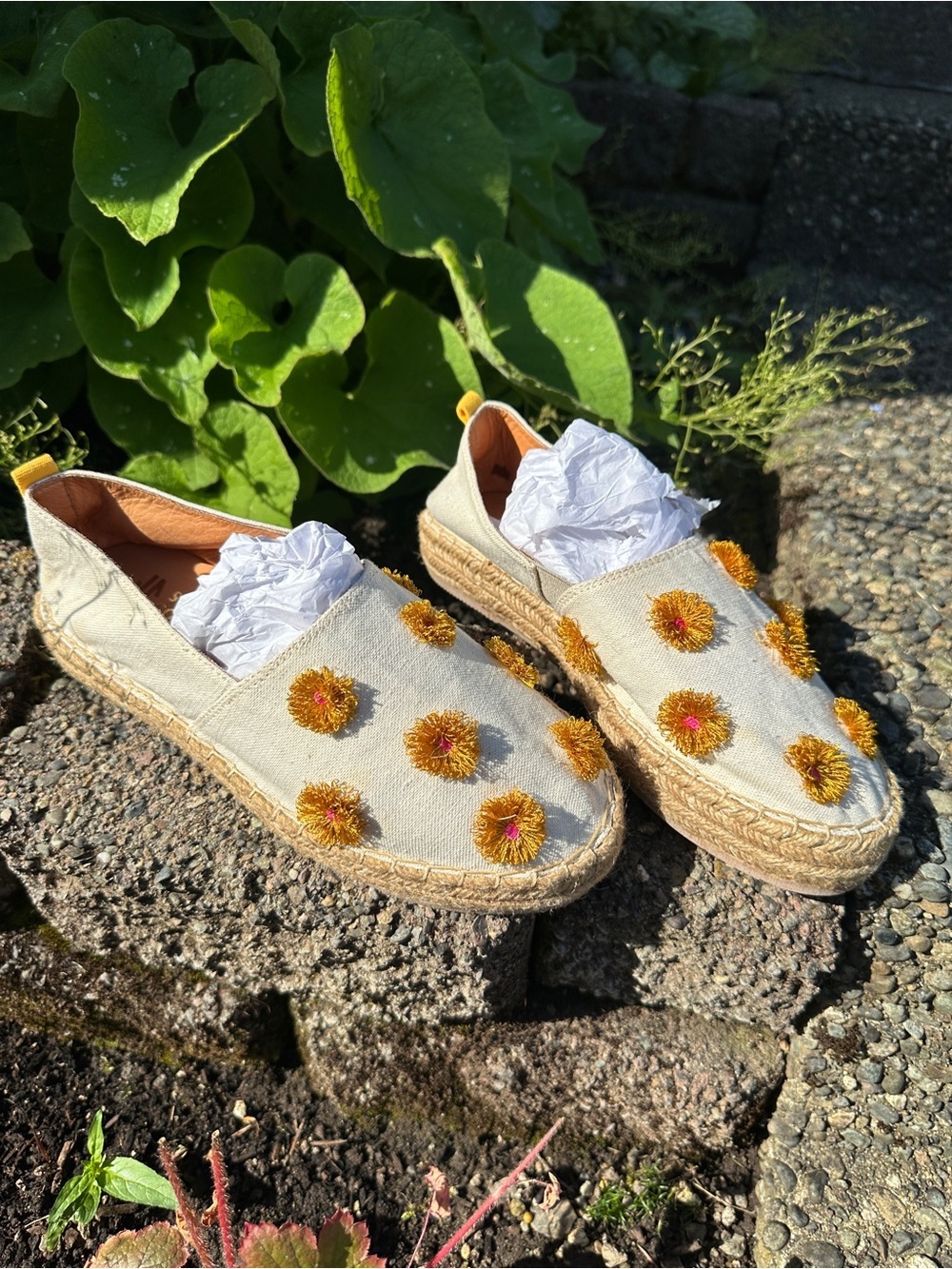 Sylvia cobos boho Women’s Cream Espadrille Slip-Ons with Yellow floral poms
